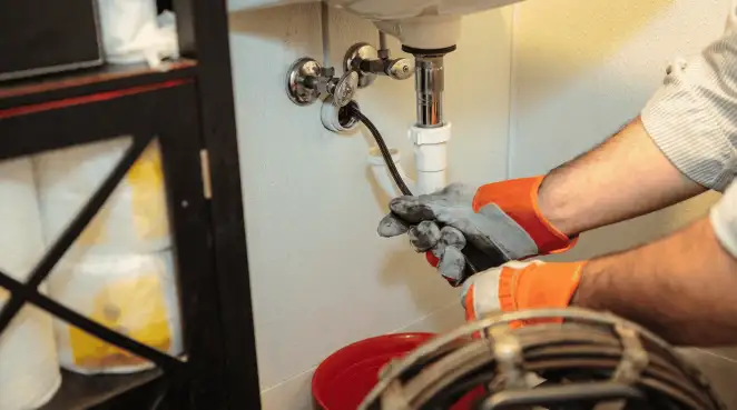 Drain cleaning technician using a motorized plumbing snake to clear a clogged sink pipe in Milwaukee, WI